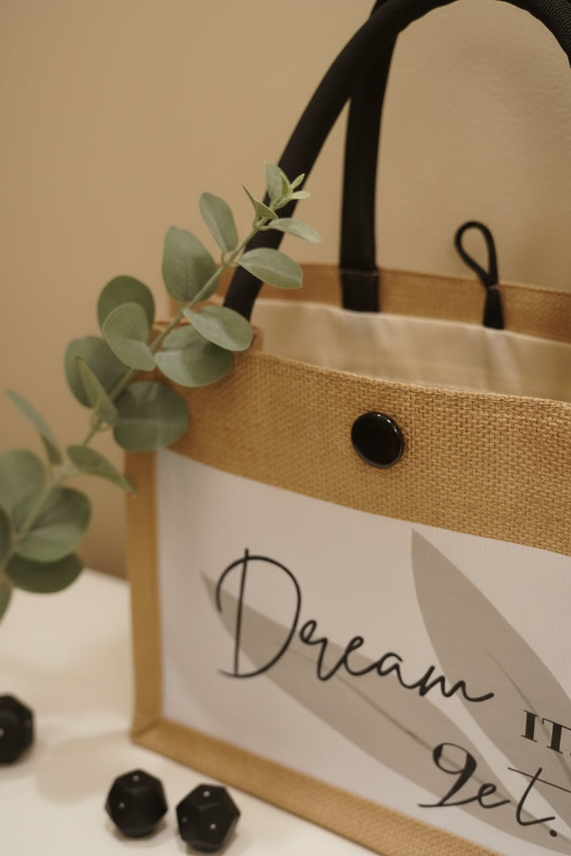 Tasche Leinen „Dream it. Do it. Repeat." mit Kosmetiktasche im Set