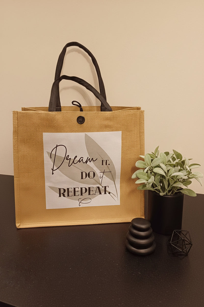 Tasche Leinen „Dream it. Do it. Repeat." mit Kosmetiktasche im Set