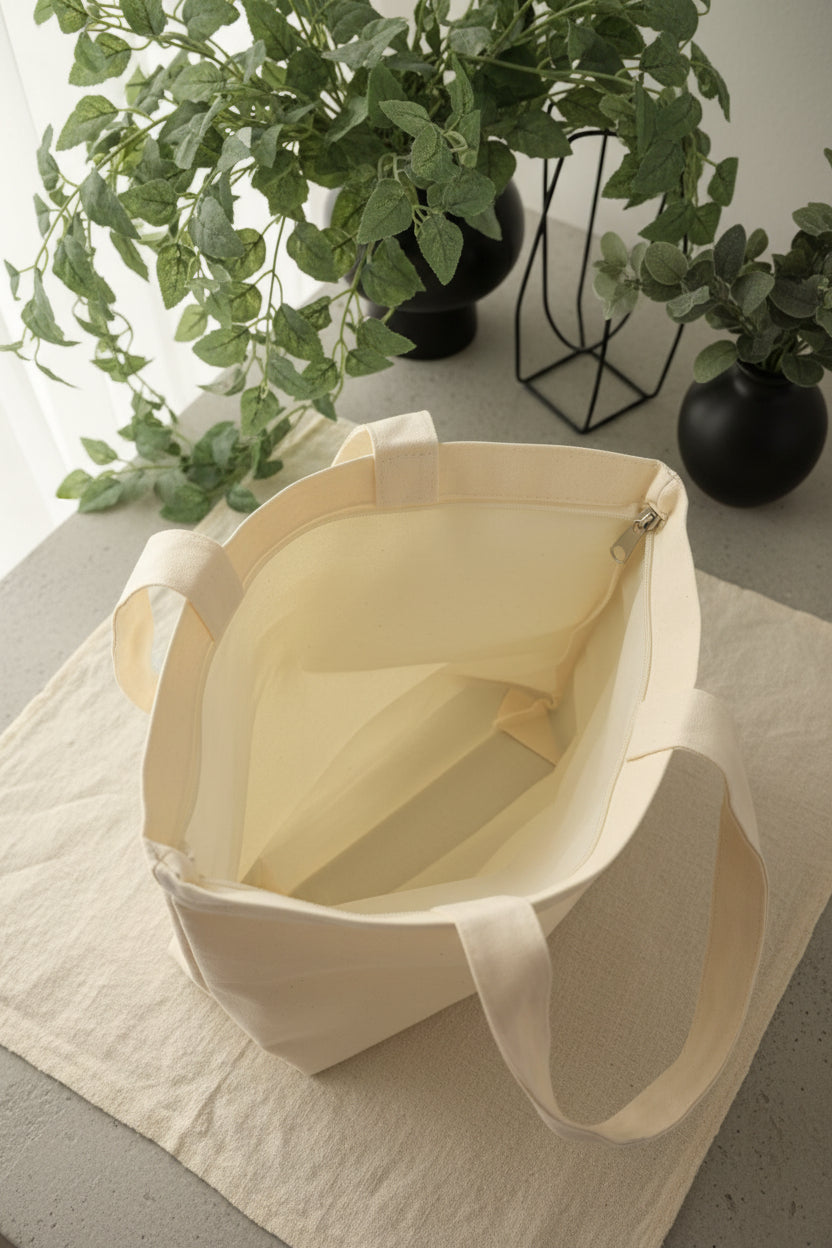 Stoffbeutel Creme mit Reißverschluss (37,5 x 34 x 11,5 cm)
