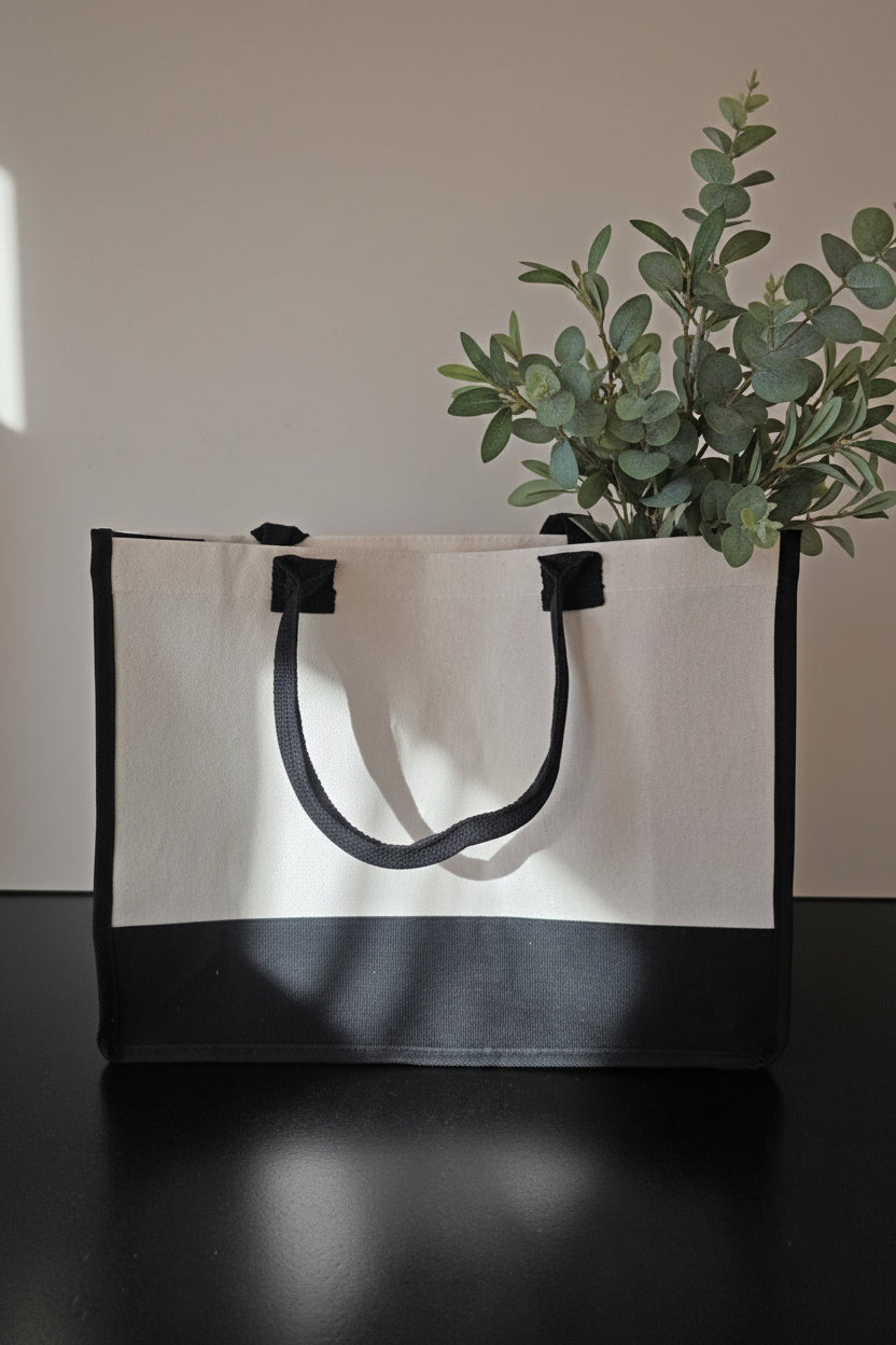 Standtasche Schwarz-Weiß Leinen (42,5 x 29,5 x 17,5 cm)